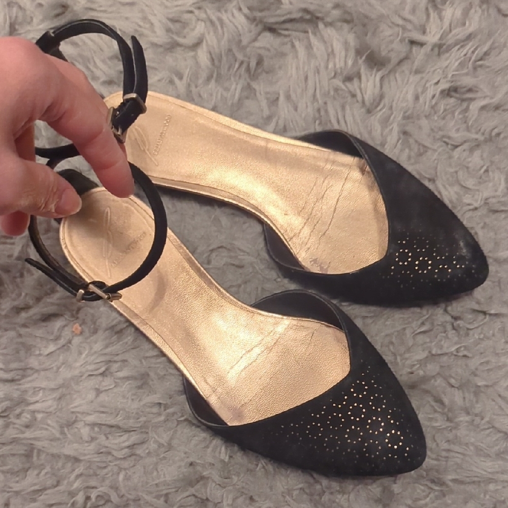 Brian Atwood Black and Gold Flats with Ankle Strap